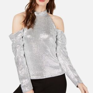 Rachel Zoe Womens Jakki Sequins Cold Shoulder Blouse, Metallic, 6